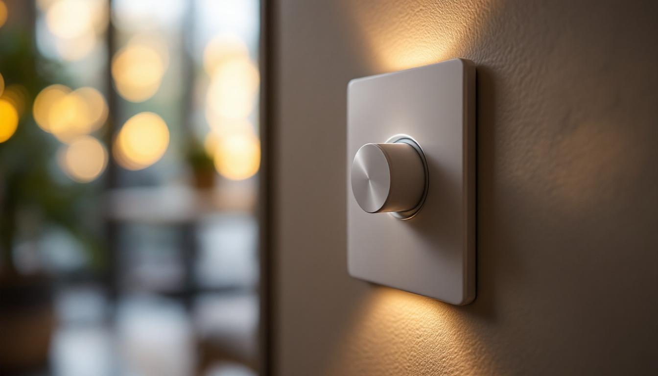 A photograph of a close-up of a modern dimmer toggle switch being adjusted