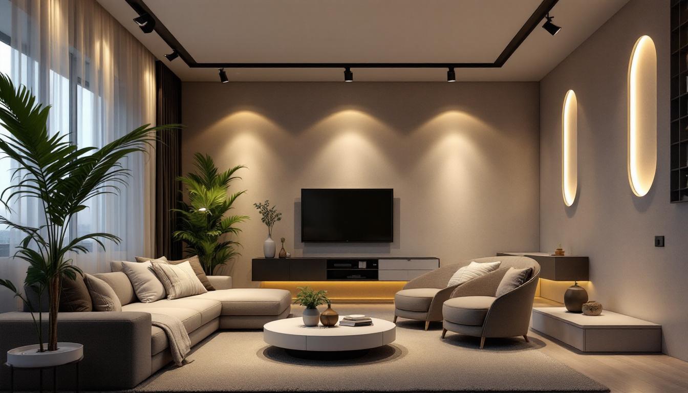 A photograph of a stylish interior space showcasing various designs of recessed lighting