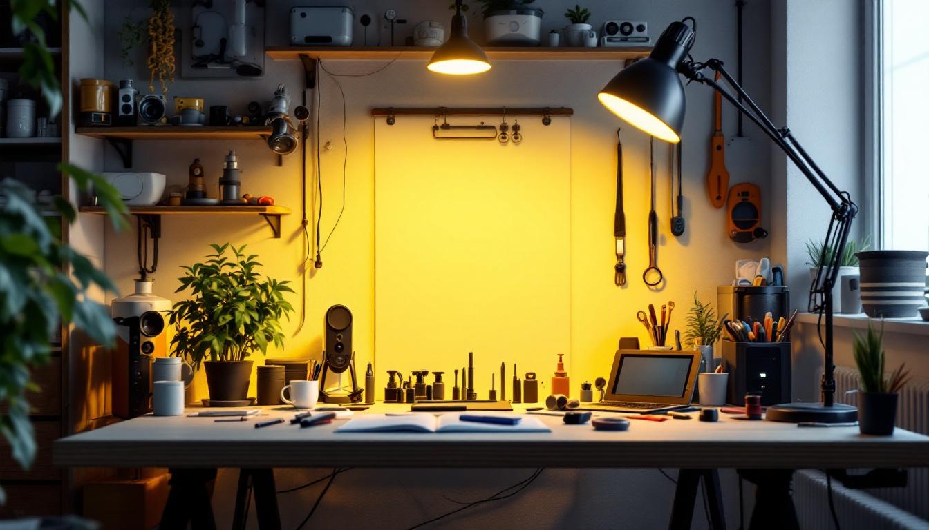 A photograph of a well-lit workspace featuring various light sources with a 5000k colour temperature