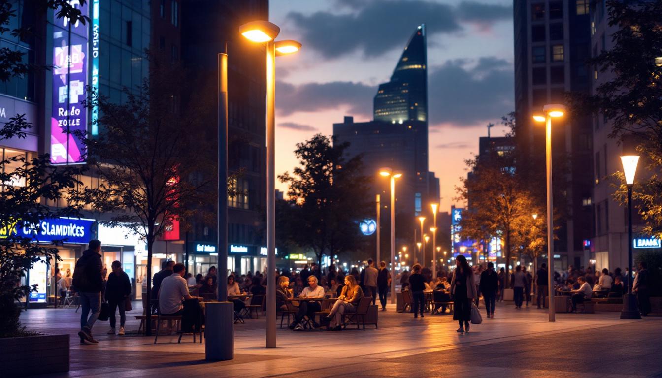 A photograph of a vibrant urban setting at dusk