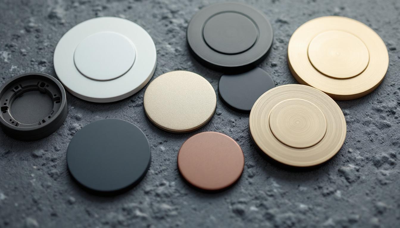 A photograph of a close-up of various round electrical cover plates in different materials and finishes