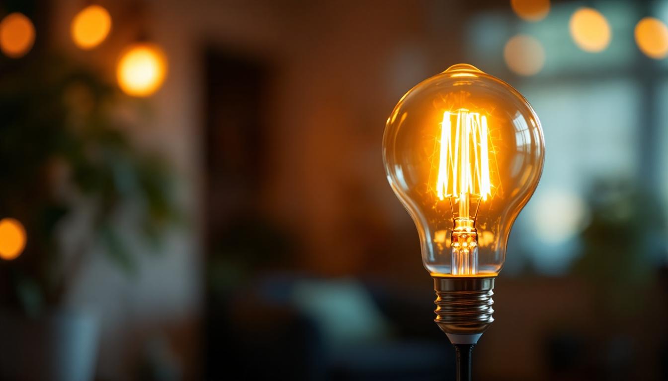 A photograph of a glowing 150-watt type a light bulb in a warm