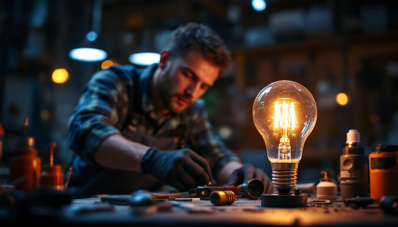 A photograph of a lighting engineer at work