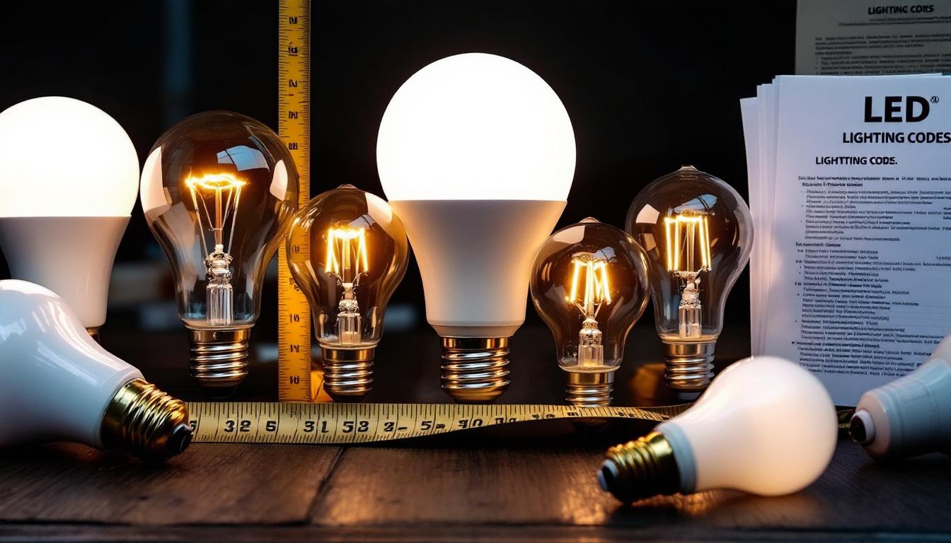 A photograph of a variety of led globe bulbs displayed alongside a measuring tape and a set of lighting codes or regulations documents