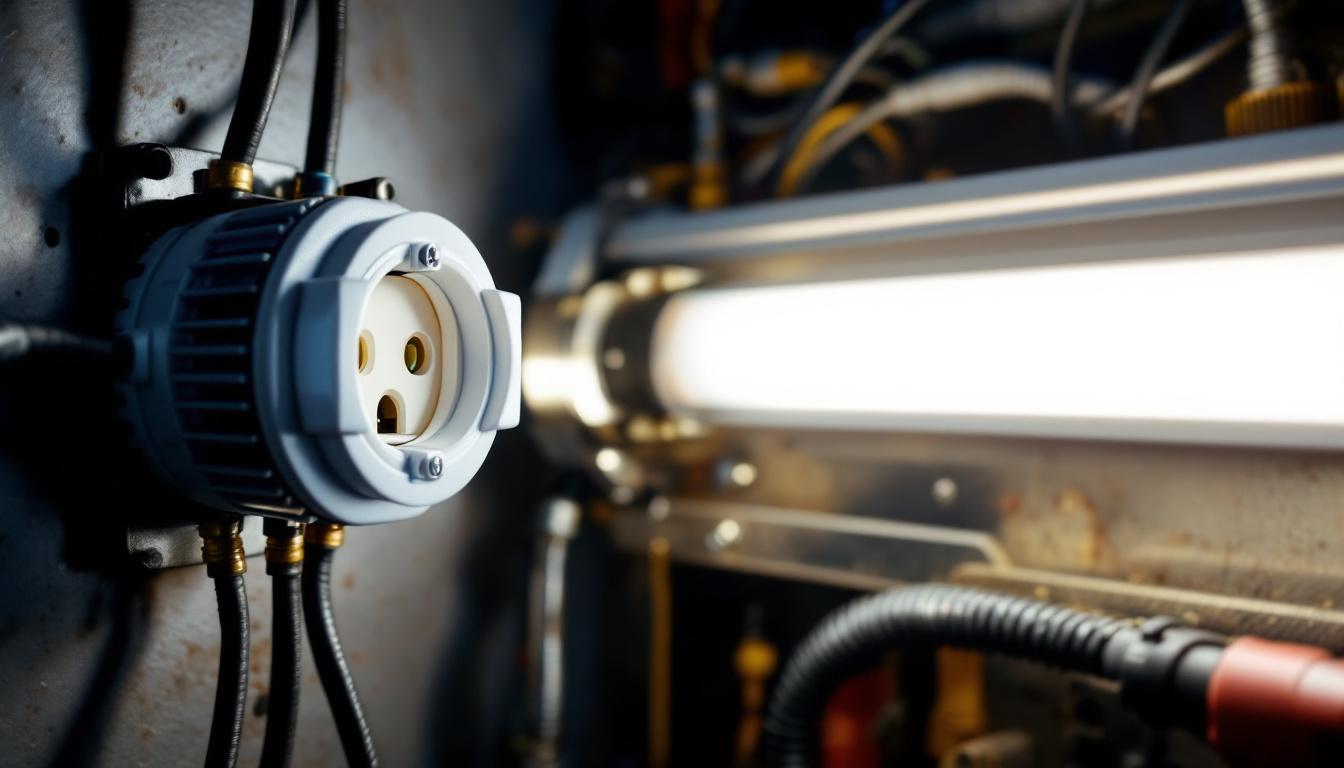 A photograph of a close-up shot of a fluorescent socket installed in a well-lit environment