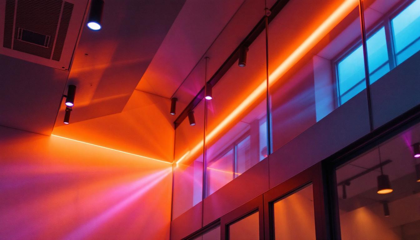 A photograph of a modern lighting installation that showcases the interplay of light and shadow