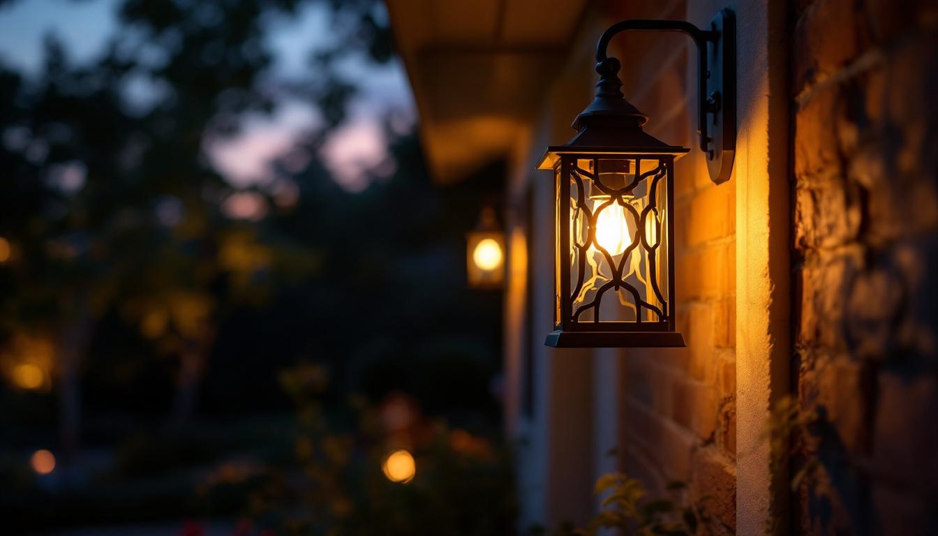 A photograph of a beautifully designed pendant porch lantern illuminated at dusk