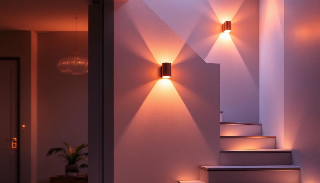 A photograph of a beautifully designed staircase illuminated by stylish wall lights