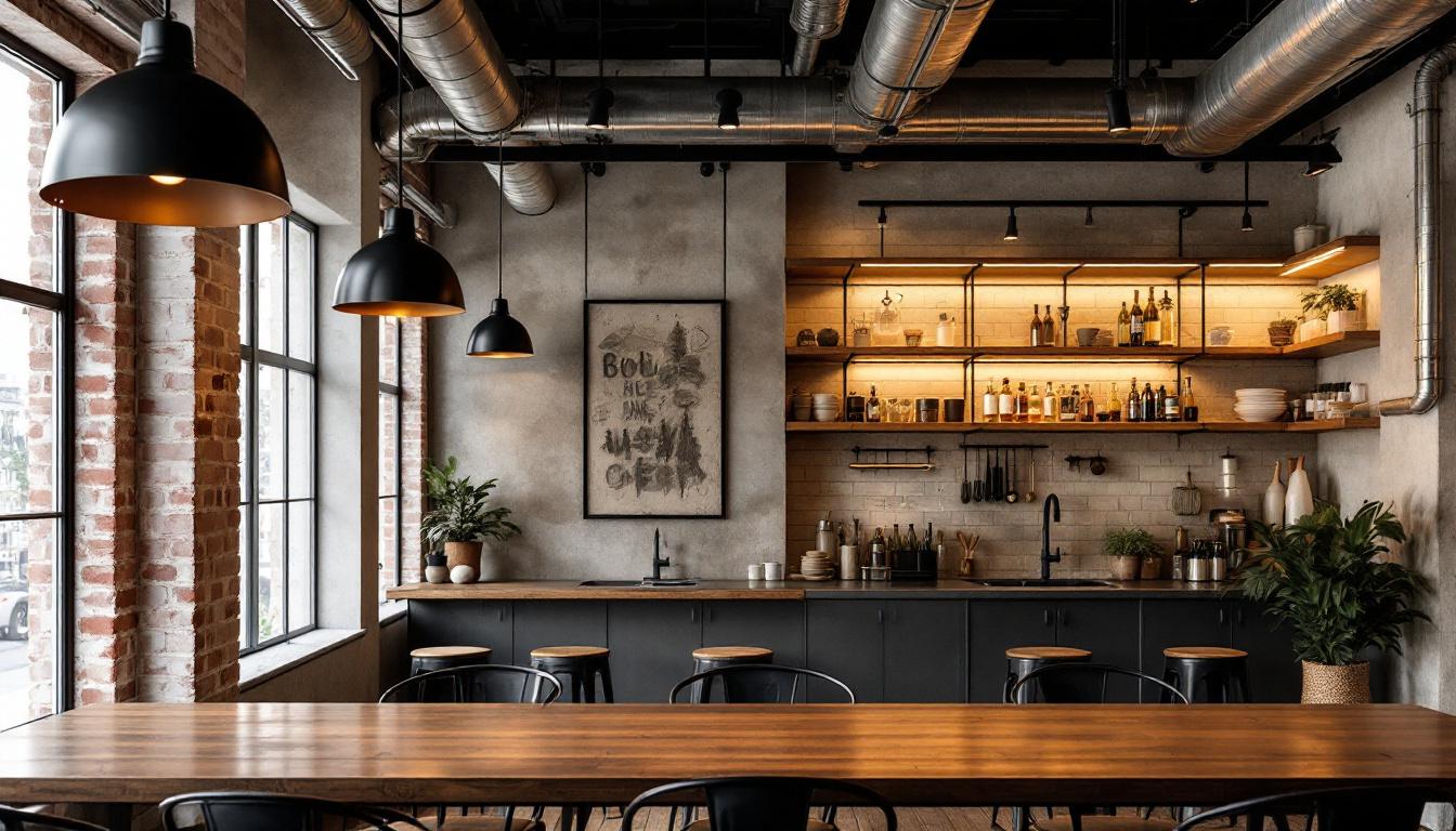 A photograph of a stylish interior space featuring a blend of industrial and commercial lighting elements