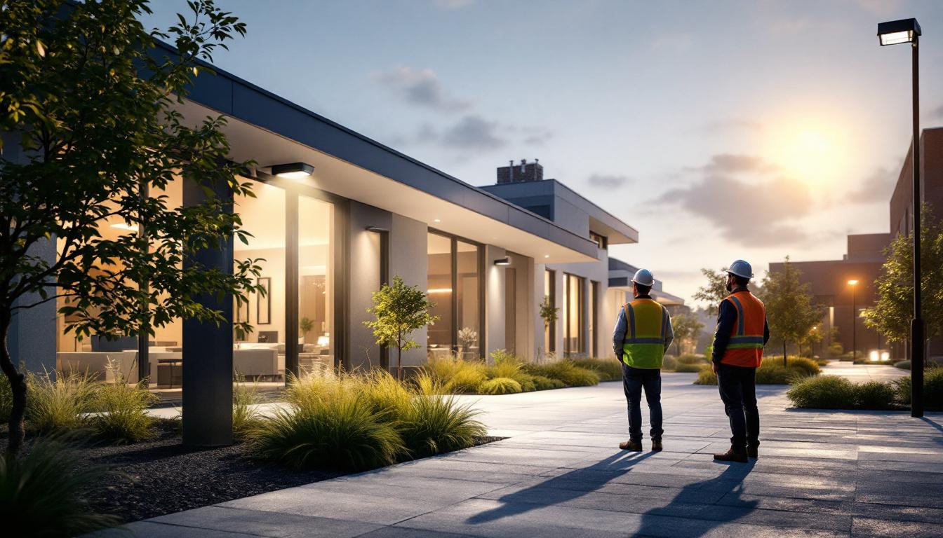 A photograph of a well-lit outdoor space showcasing a modern led floodlight in action