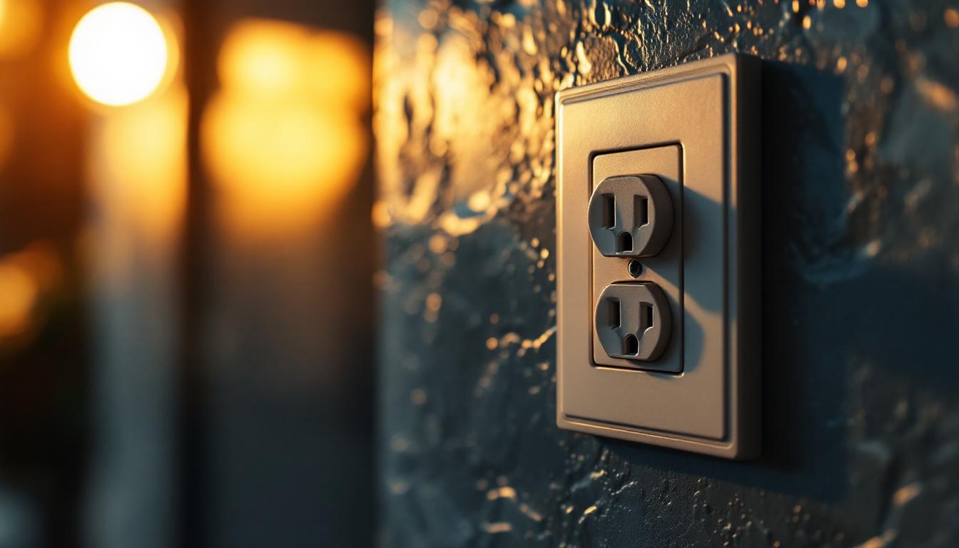 A photograph of a close-up view of a power outlet receptacle in a well-lit environment
