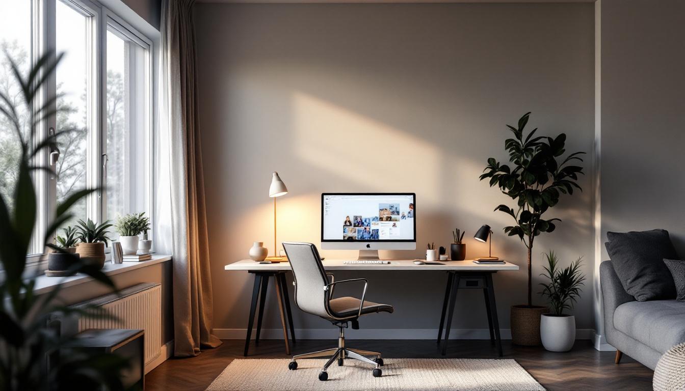 A photograph of a well-designed home office space featuring a variety of lighting options