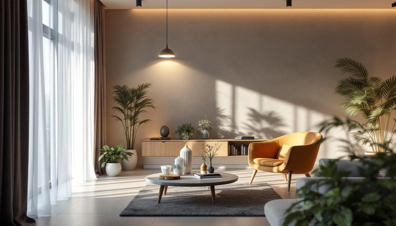 A photograph of a stylishly designed interior space featuring solar-powered lights