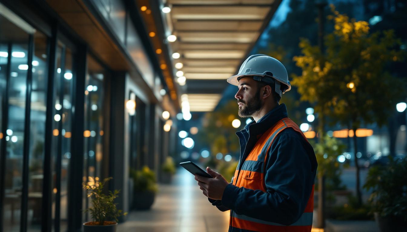 A photograph of a skilled engineer examining a well-lit outdoor commercial space