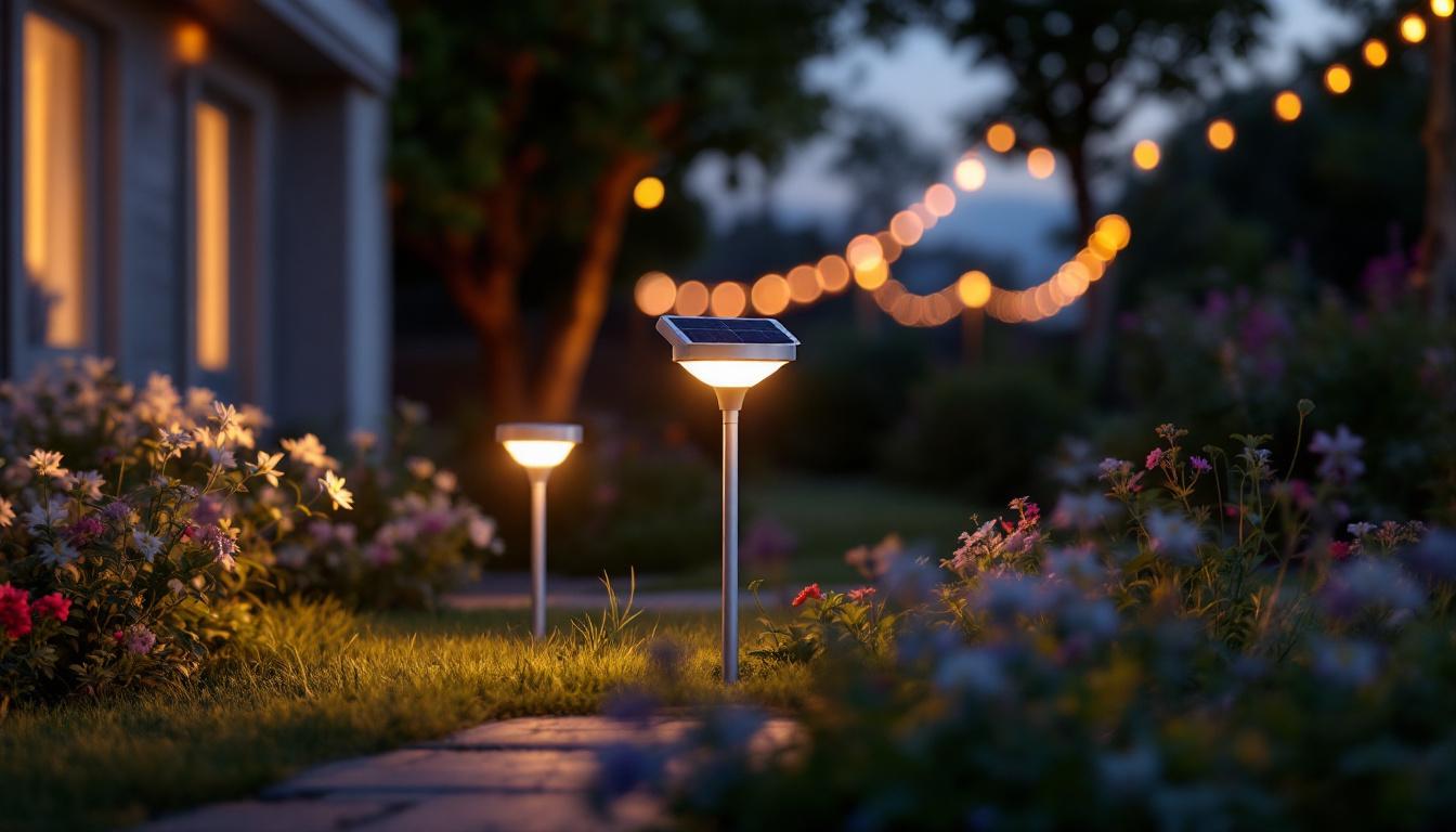 A photograph of a beautifully illuminated outdoor scene featuring solar lights with a remote solar panel