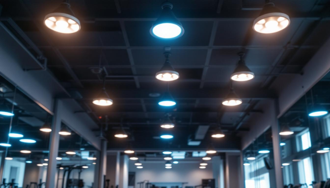 A photograph of a well-lit gym interior showcasing various types of ceiling lights