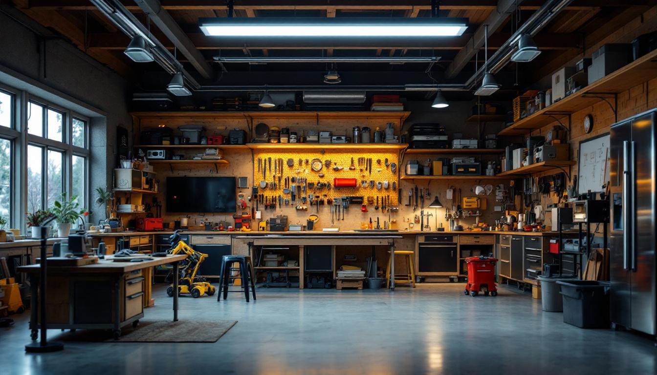 A photograph of a well-lit workshop or garage featuring a 3 ft led shop light in action