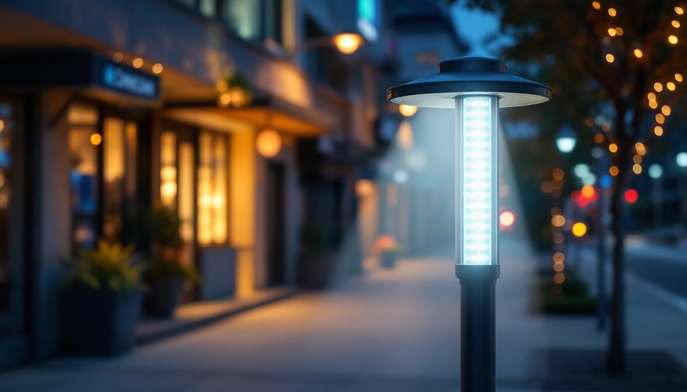 A photograph of a well-lit outdoor scene featuring a pole led light installed in a commercial or public space