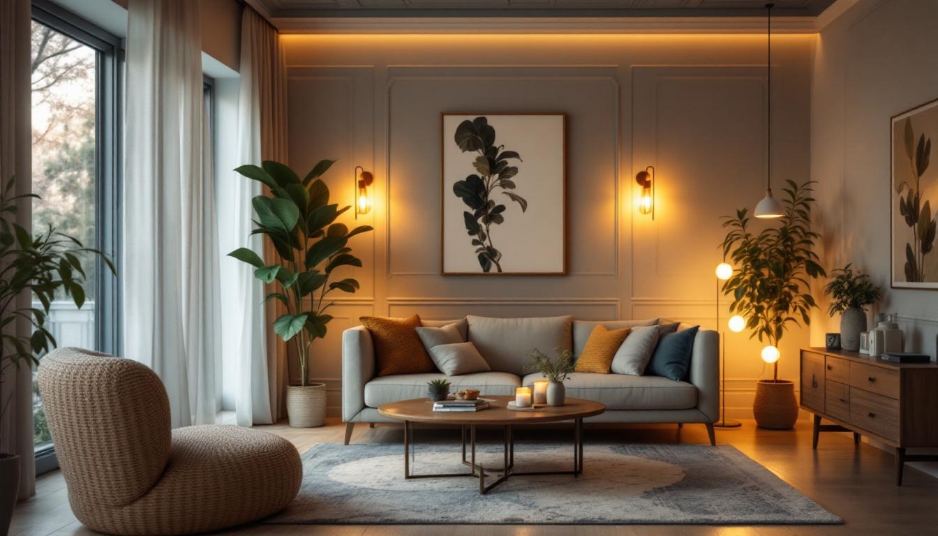 A photograph of a beautifully designed room featuring decora dimmer switches in action