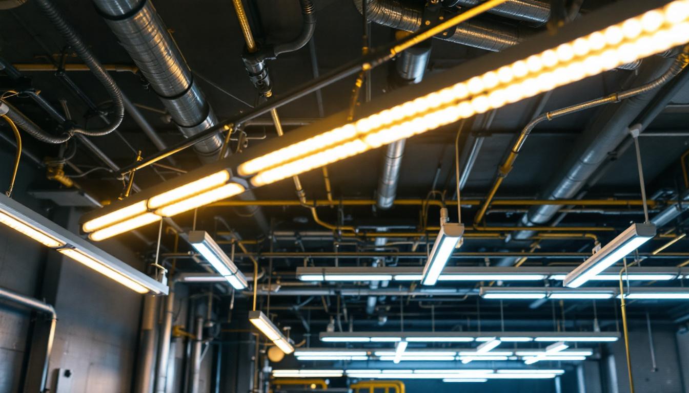 A photograph of a high-output fluorescent lighting setup in an industrial or commercial environment