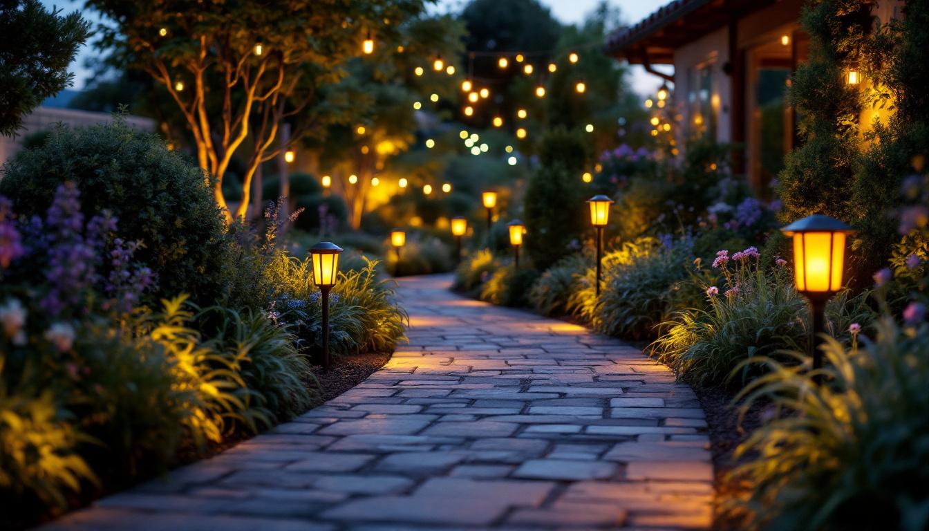 A photograph of a beautifully illuminated garden or pathway showcasing various styles of battery-operated landscape lights at dusk