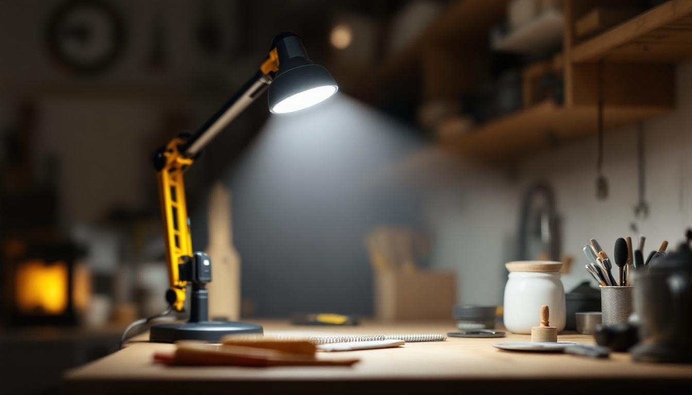 A photograph of a motion-activated shop light illuminating a workspace