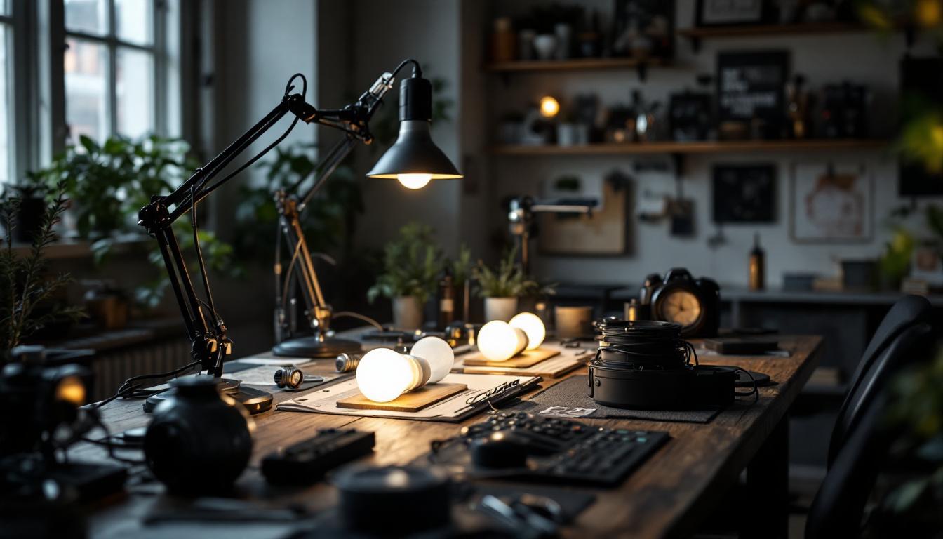 A photograph of a well-lit workspace featuring various rab light bulbs in use
