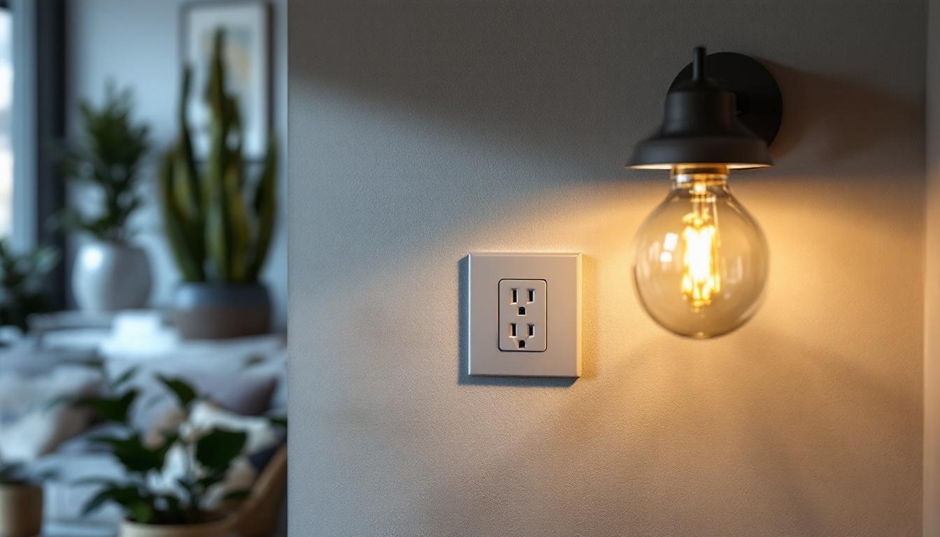 A photograph of a stylish light fixture integrated with an electrical outlet in a modern home setting