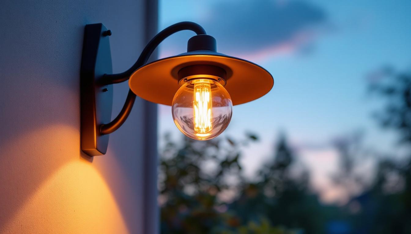 A photograph of a stylish patio light fixture illuminated at dusk