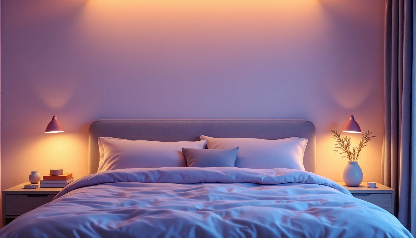A photograph of a beautifully designed bedroom featuring a stylish led bed light illuminating the space