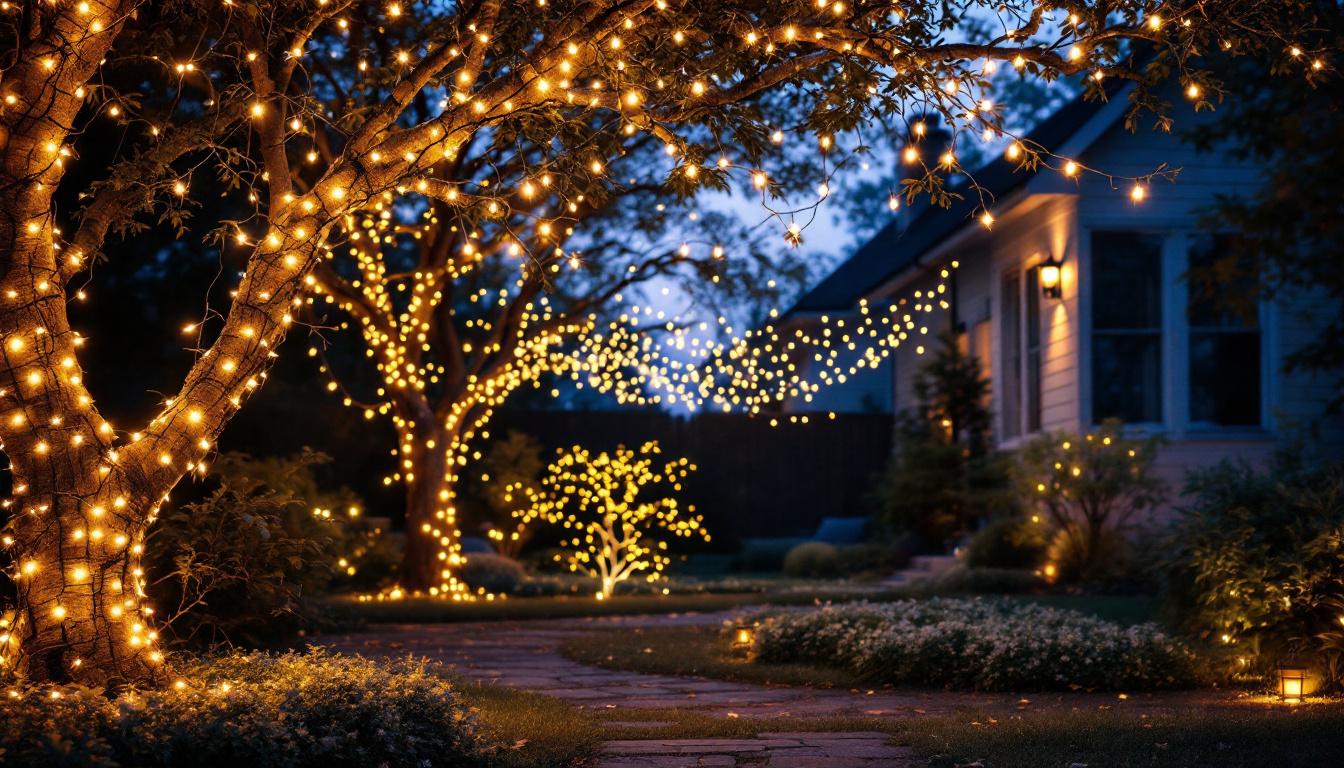 A photograph of a beautifully illuminated outdoor scene featuring a 100 ft light string creatively draped across trees or architectural elements