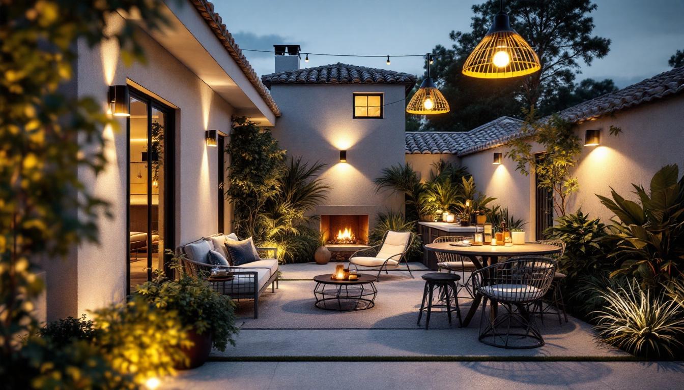 A photograph of a beautifully designed outdoor space showcasing a variety of exterior lighting fixtures