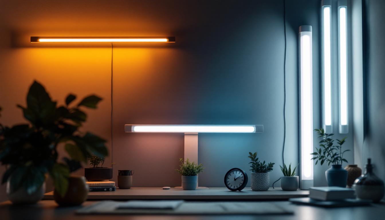 A photograph of a modern workspace or home setting showcasing both led lights and fluorescent tubes in use