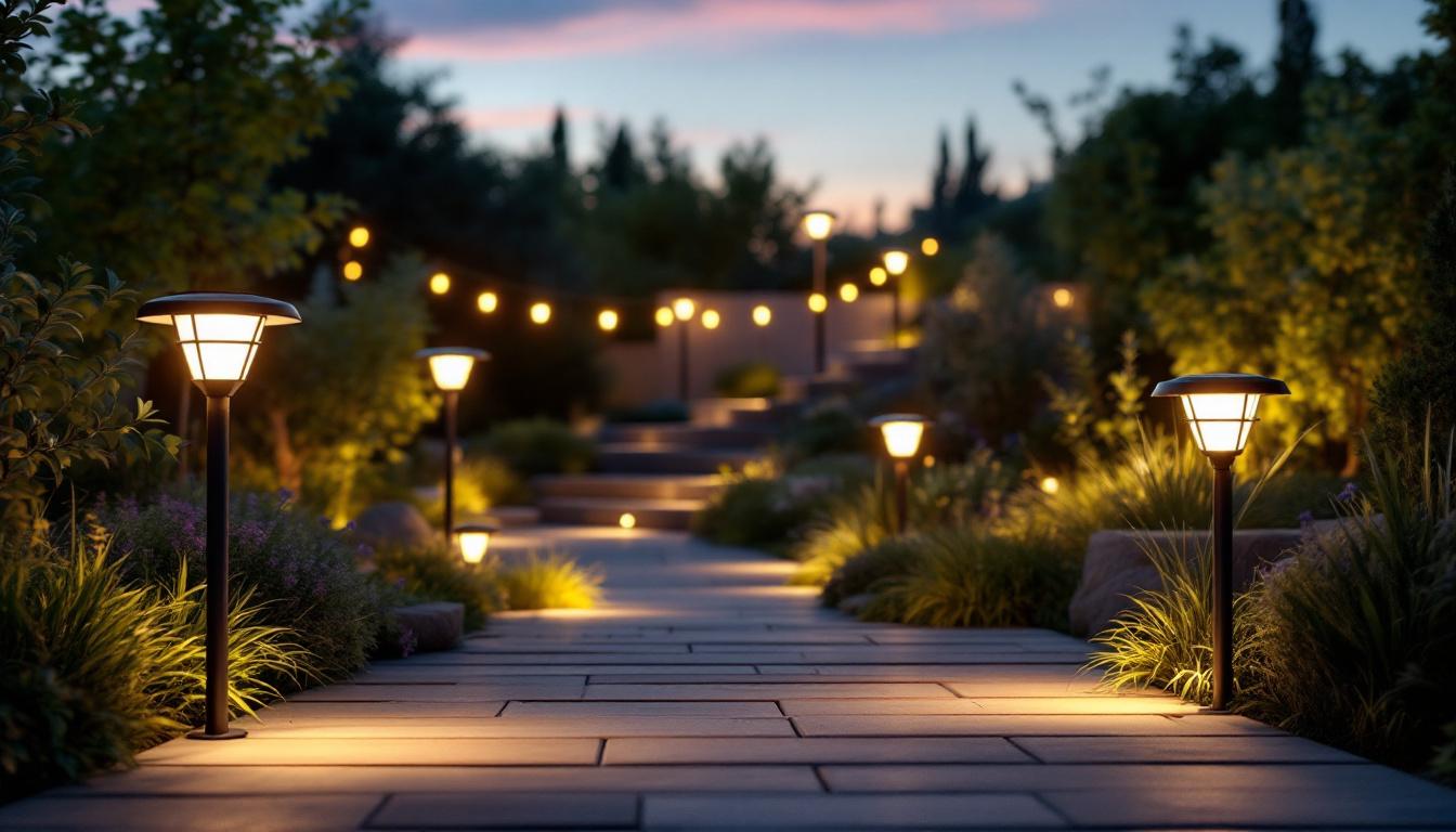 A photograph of a beautifully illuminated outdoor space featuring various solar lights in use