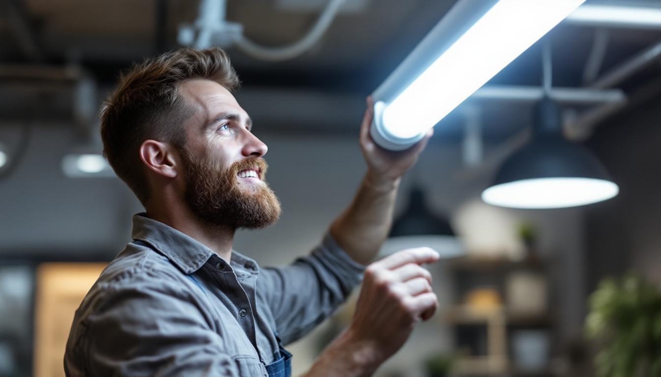 A photograph of a lighting engineer in a well-lit workspace