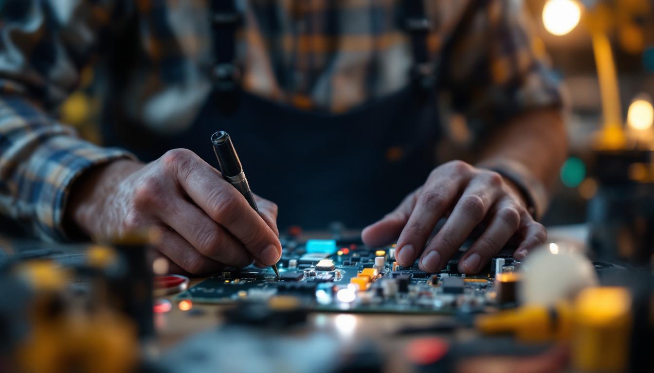 A photograph of a skilled electrical engineer examining a circuit board with led components