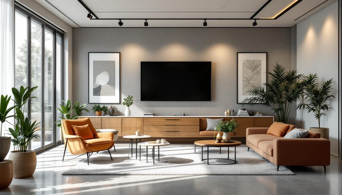 A photograph of a beautifully designed interior space featuring stylish track lighting that highlights the room's features