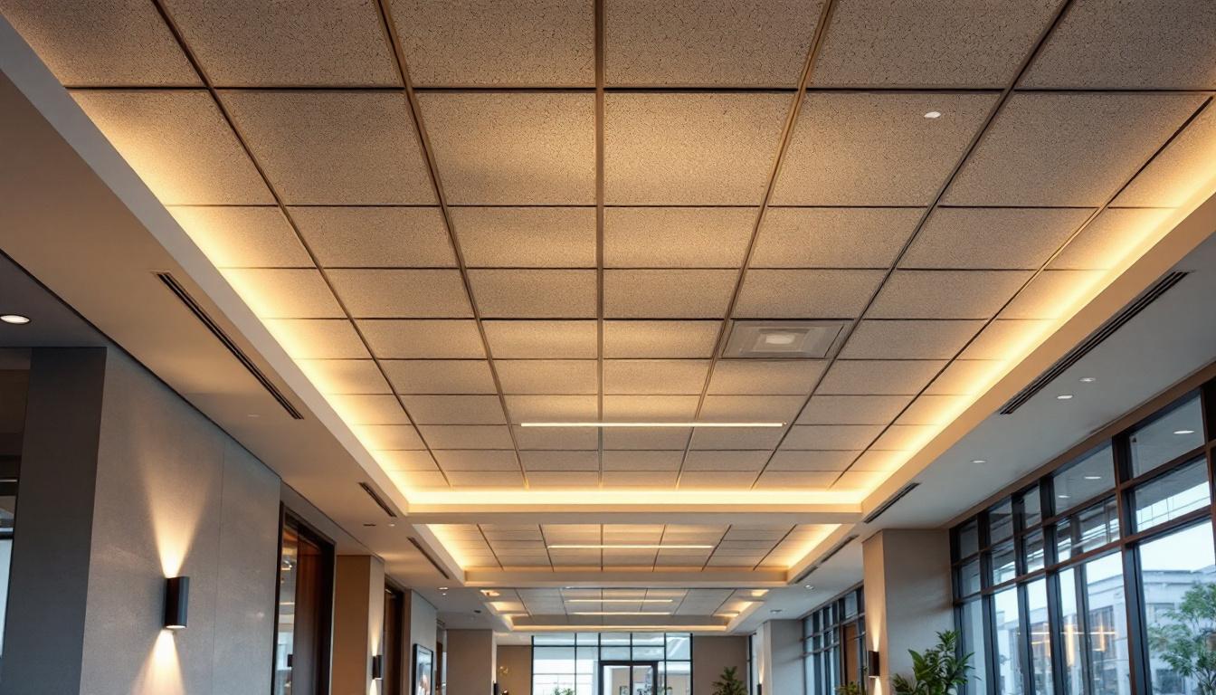 A photograph of a well-lit commercial space featuring an aesthetically pleasing exterior drop ceiling