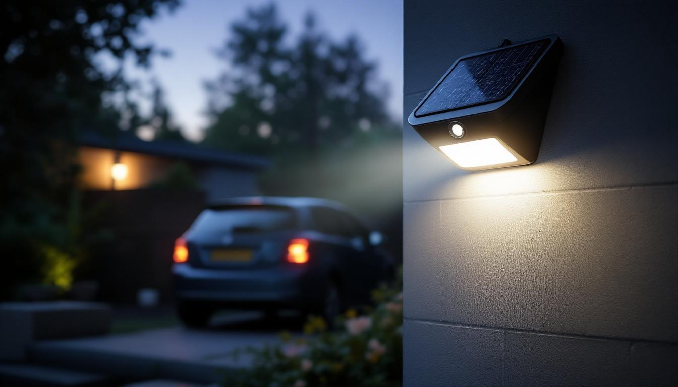 A photograph of a solar-powered led security light illuminating a residential outdoor space at dusk