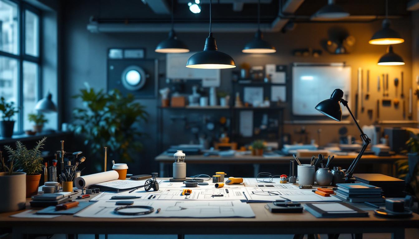 A photograph of a well-lit engineering workspace featuring an array of lighting fixtures