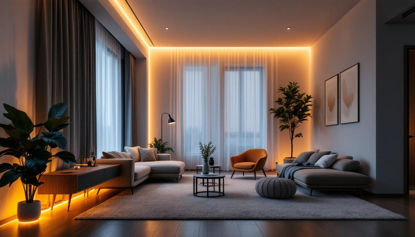 A photograph of a modern apartment interior illuminated by stylish led lights