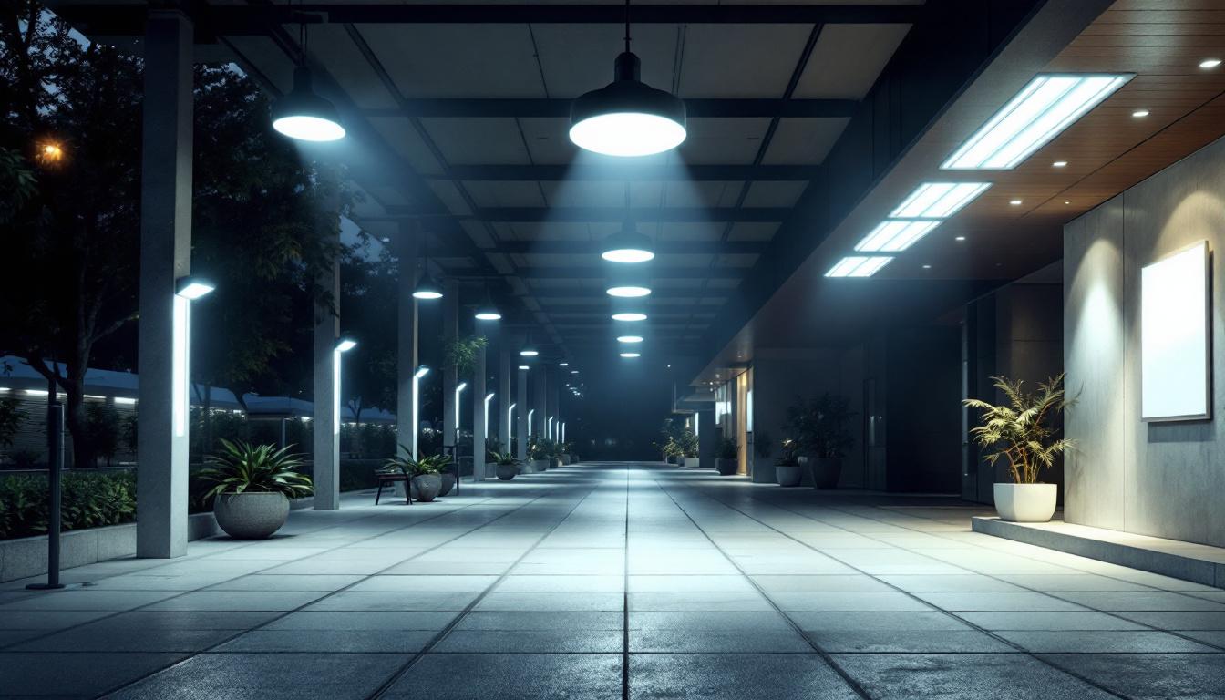 A photograph of a well-lit outdoor commercial space showcasing various led lighting installations