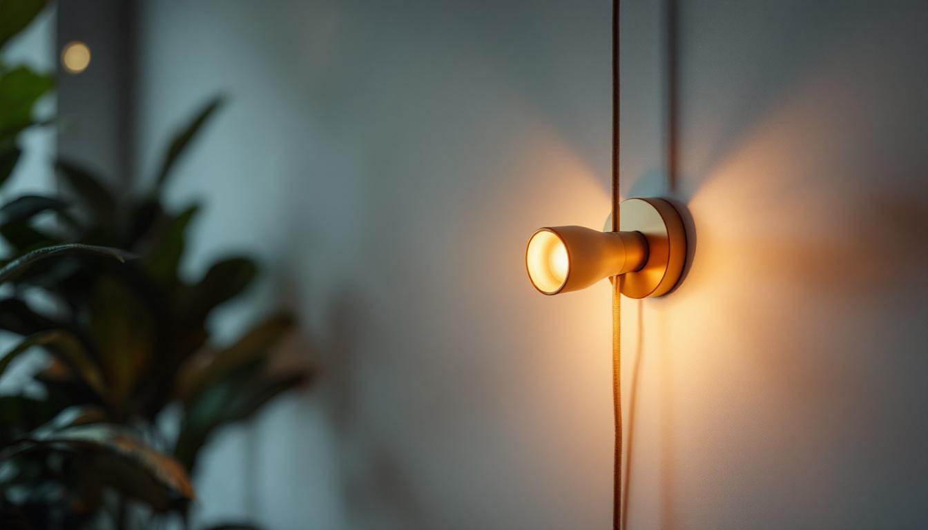 A photograph of a stylish wall light with a visible cord