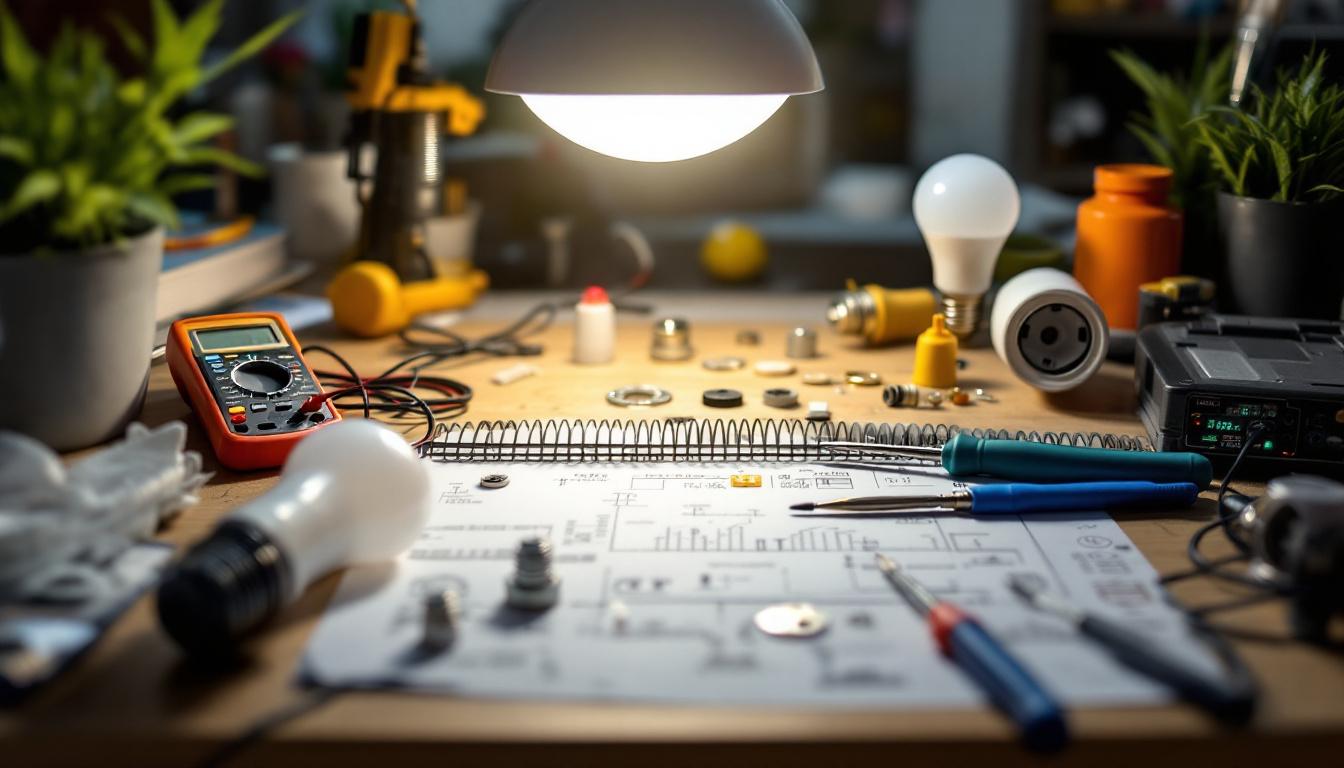 A photograph of a well-organized workspace featuring various parts of a light fixture