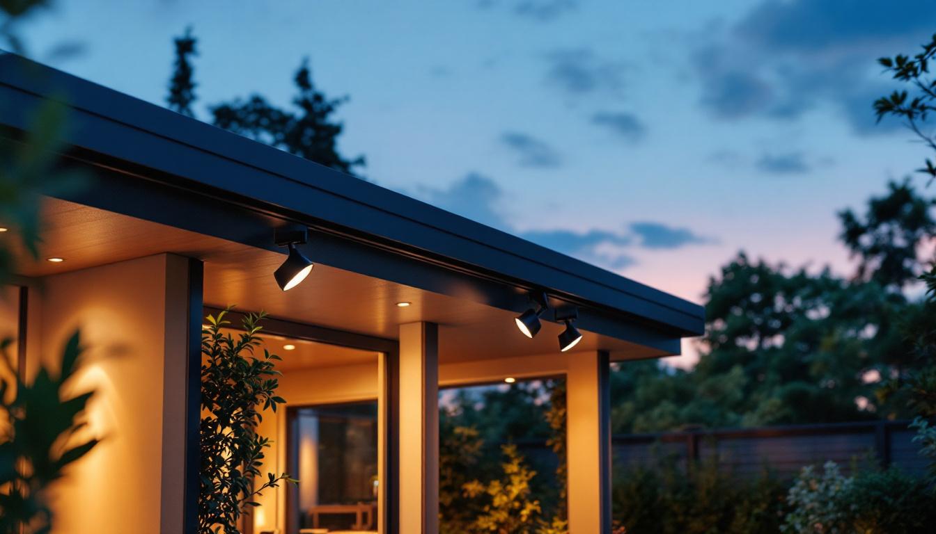 A photograph of a beautifully designed outdoor space featuring stylish ceiling spotlights illuminating a patio or garden area at dusk