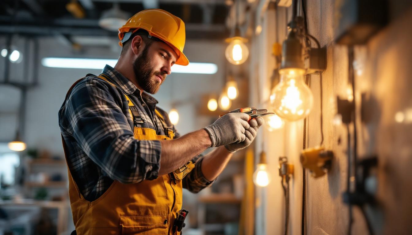 A photograph of a skilled electrician using a variety of hand tools while installing energy-efficient lighting in a modern workspace