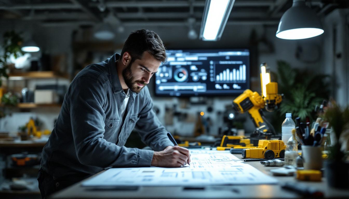 A photograph of a well-lit workspace featuring an electrical engineer analyzing lighting designs