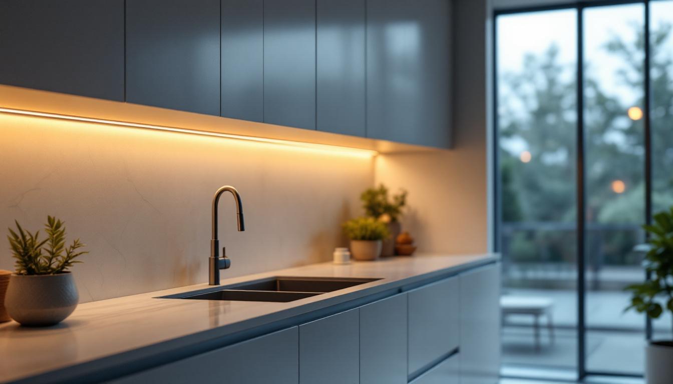 A photograph of a modern kitchen featuring sleek under-cabinet led lighting that highlights the countertops and creates a warm ambiance