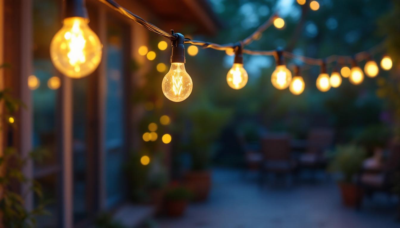 A photograph of a beautifully lit patio adorned with string lights