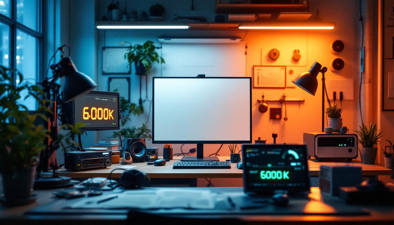 A photograph of a well-lit engineering workspace showcasing a variety of lighting sources